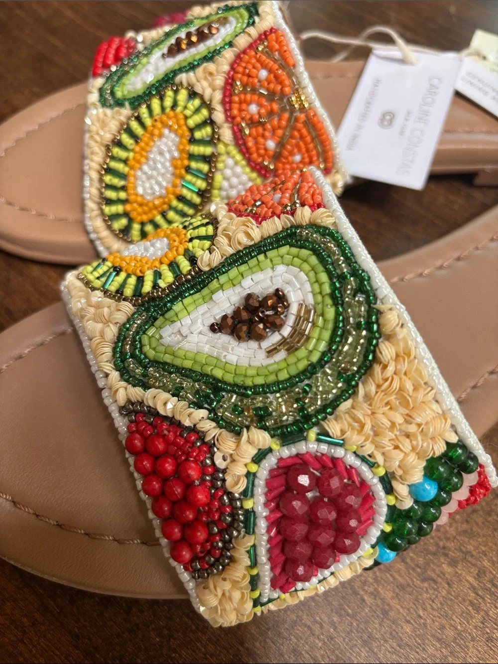 Caroline Constas Tan Slide Sandals with Multicolor Beaded Fruit Motif